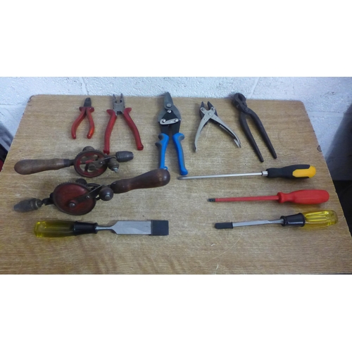 2075 - A case of assorted hand tools including screwdrivers, drill bits, tin snips, etc.