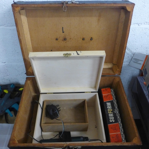 2080 - Two workshop organisers of electronic components and a box of assorted hand tools including Surform ... 