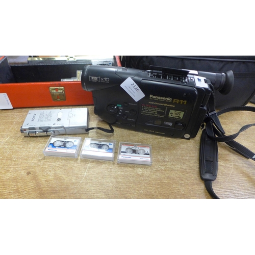 2126 - A Panasonic NV-R11 VHS-C movie camera slim Palmcorder and a Sony M-640 V.O.R. microcassette-corder a... 