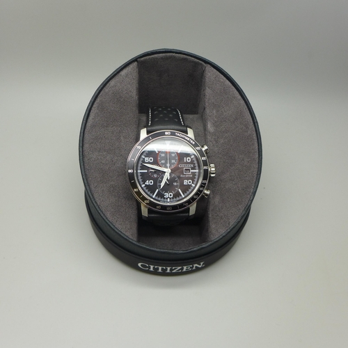 2134 - A men's Citizen Eco-Drive chronograph wristwatch with stainless steel case, black dials and black le... 