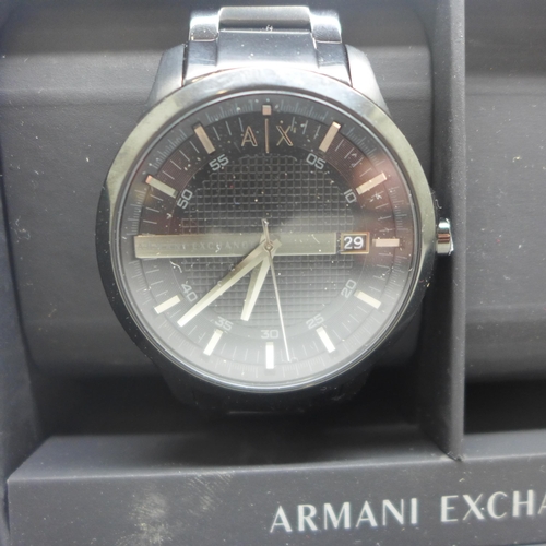 2139 - A men's Armani Exchange AX2104 black stainless steel bracelet wristwatch and an Armani Exchange blac... 