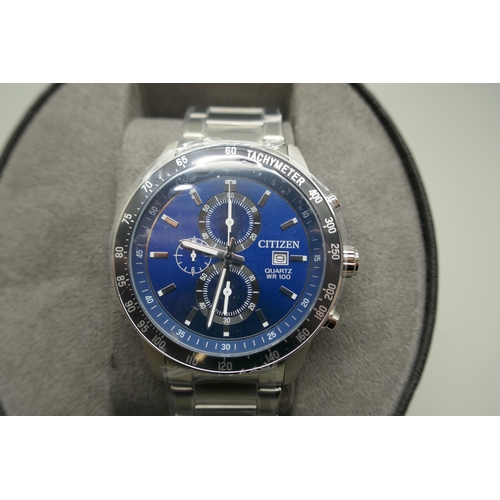 2150 - A men's Citizen silver stainless steel quartz chronograph wristwatch with blue dial and stainless st... 