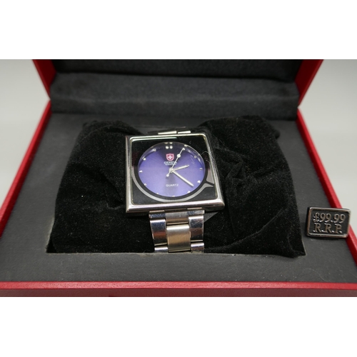 2154 - A Geneva square face stainless steel quartz wristwatch in presentation box