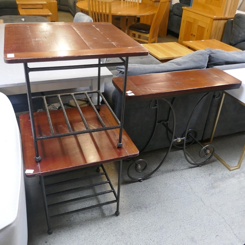 1540 - A cherrywood and steel console table and a pair of lamp tables