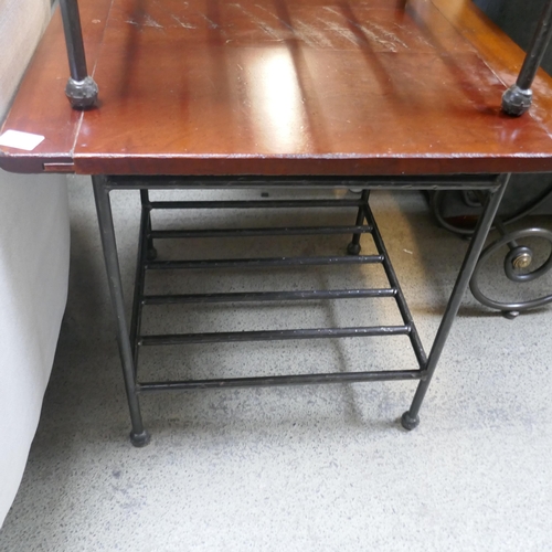 1540 - A cherrywood and steel console table and a pair of lamp tables