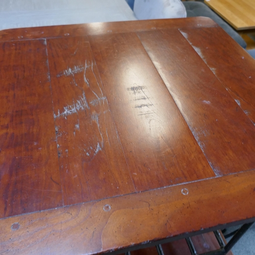 1540 - A cherrywood and steel console table and a pair of lamp tables