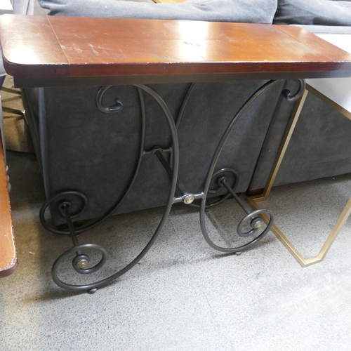 1540 - A cherrywood and steel console table and a pair of lamp tables