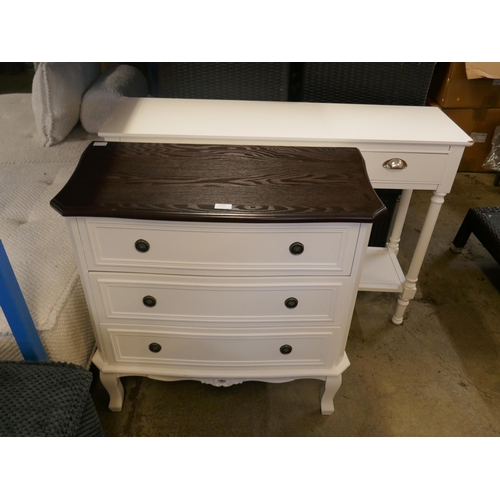 1553 - A white three drawer chest with contrast top - and   white console table