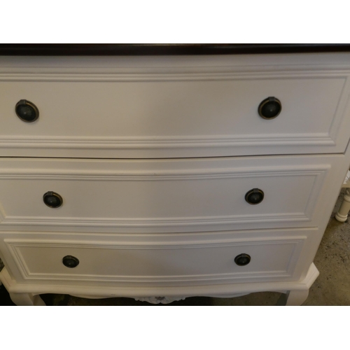 1553 - A white three drawer chest with contrast top - and   white console table