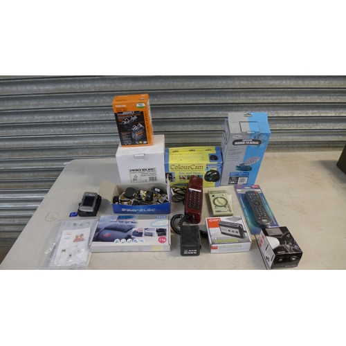 2353 - A box of assorted items:- digital scales, SLX indoor TV aerial, universal TV remotes, Tuscan DR.40 l... 