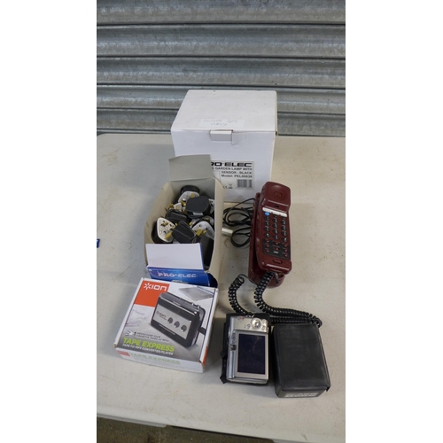 2353 - A box of assorted items:- digital scales, SLX indoor TV aerial, universal TV remotes, Tuscan DR.40 l... 