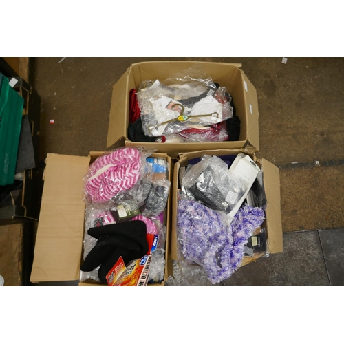 2453 - Three boxes of assorted clothing including a box of bras in mixed styles, colours and sizes, socks, ... 