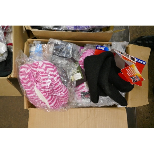 2453 - Three boxes of assorted clothing including a box of bras in mixed styles, colours and sizes, socks, ... 