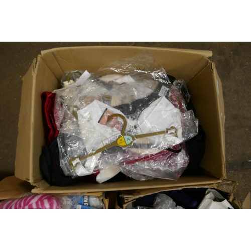 2453 - Three boxes of assorted clothing including a box of bras in mixed styles, colours and sizes, socks, ... 