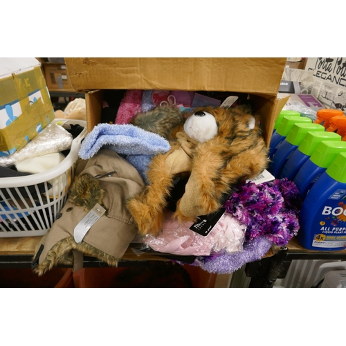 2456 - Three boxes of assorted clothing including hats, beanies, scarves, socks, gloves, tights, etc., (all... 