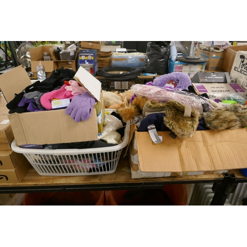 2456 - Three boxes of assorted clothing including hats, beanies, scarves, socks, gloves, tights, etc., (all... 