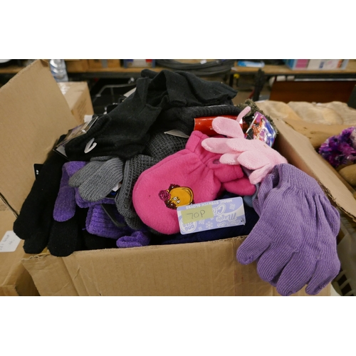 2456 - Three boxes of assorted clothing including hats, beanies, scarves, socks, gloves, tights, etc., (all... 