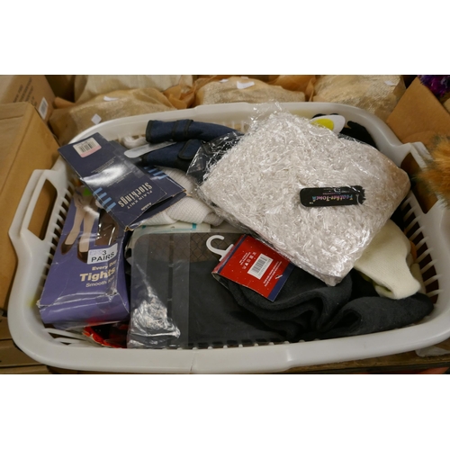 2456 - Three boxes of assorted clothing including hats, beanies, scarves, socks, gloves, tights, etc., (all... 