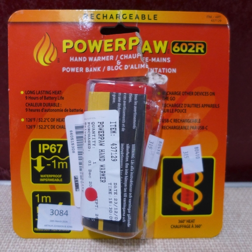 3084 - Powerpaw Rechargable Hand Warmer and Sanus 8K 2.1 Hdmi 3 Metre Cable (315-259,469) *This lot is subj... 