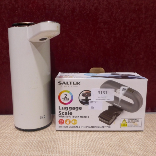 3131 - Eko Soap Pump White, Salter Digital Luggage  scale - 40kg        (316-301,305) *This lot is subject ... 