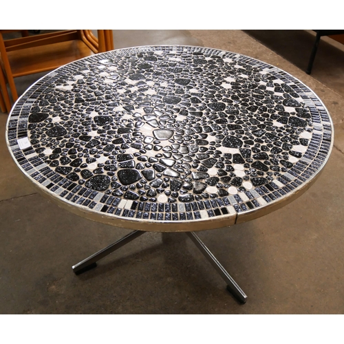 71 - A Belgian chrome and mosaic tiled top circular coffee table