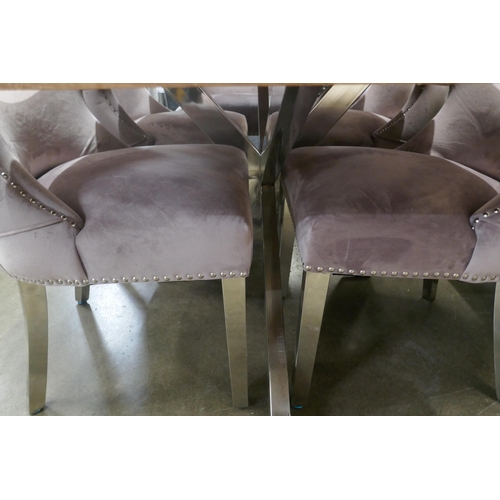 1335 - A Lynx dining table and six pale pink velvet chairs * this lot is subject to VAT