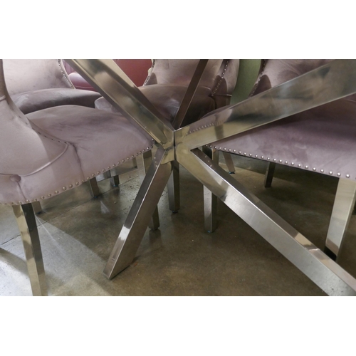 1335 - A Lynx dining table and six pale pink velvet chairs * this lot is subject to VAT