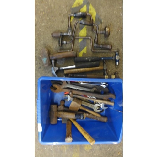 2036 - A quantity of vintage hand tools including an assortment of spanners, lump hammers, mallets, hammers... 