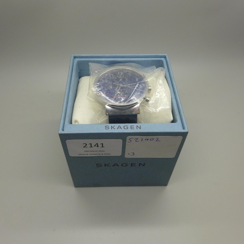 2104 - A men's Skagen chronograph multi-function wristwatch with blue dial and black leather strap * this l... 