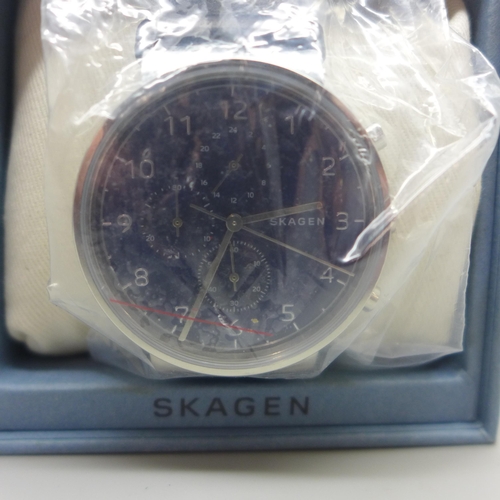 2104 - A men's Skagen chronograph multi-function wristwatch with blue dial and black leather strap * this l... 