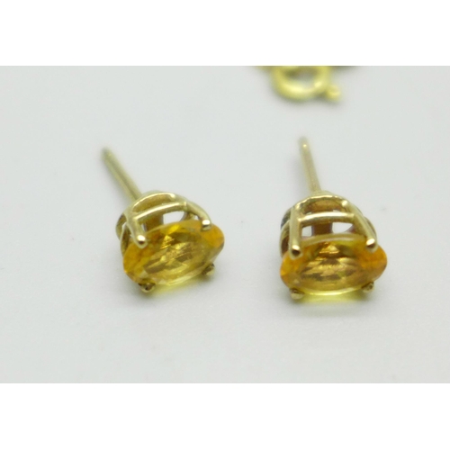 1011 - A 9ct gold, citrine and zircon pendant and chain with citrine earrings, 4.9g