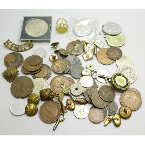 1027 - Coins, vintage gold metal racing themed cufflinks, etc.