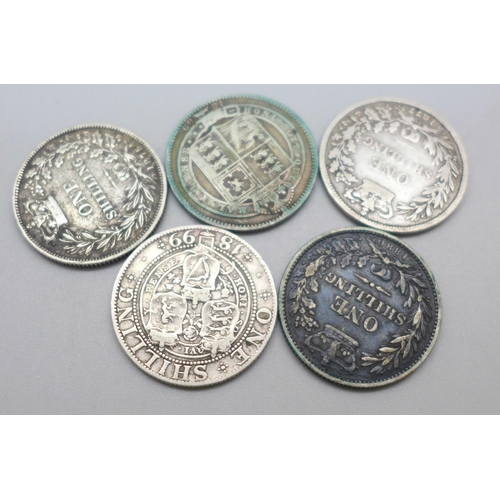 1028 - Five Victorian shillings; 1886, 1889, 1899, 1877 and 1875