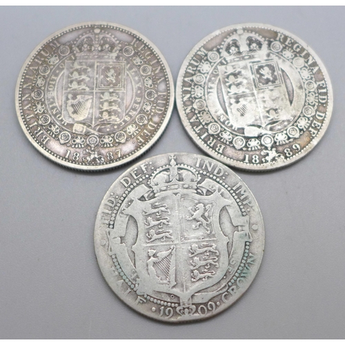 1029 - Three half crowns, 1887, 1889 and 1909