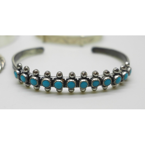 1033 - Two silver bangles, 30g, one silver plated bangle set with turquoise colour stones and one unmarked ... 