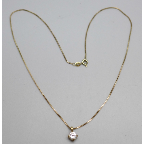 1049 - A yellow metal diamond simulant pendant on a 9ct gold chain, 2.1g, 41.5cm