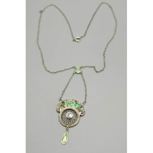 1050 - A Charles Horner silver, enamel and pearl drop pendant necklace, Chester, 1912 (a/f foliate section ... 