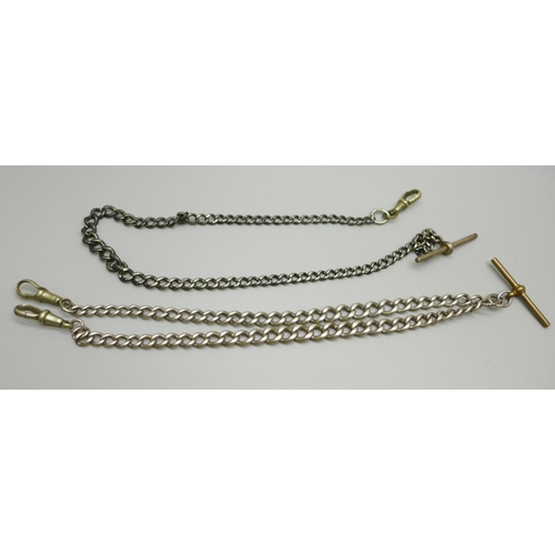 1058 - Two silver Albert chains with base metal dog clips and T-bars, total weight 60g