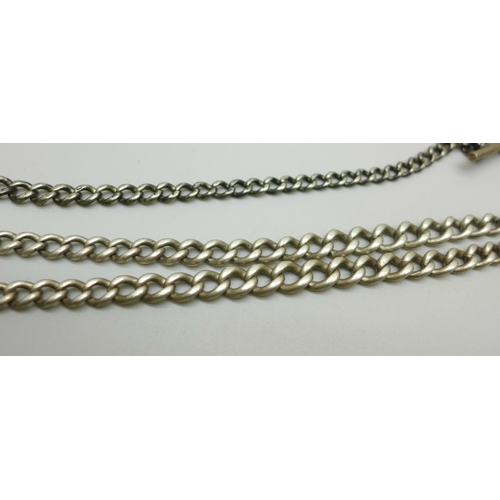 1058 - Two silver Albert chains with base metal dog clips and T-bars, total weight 60g