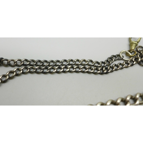 1058 - Two silver Albert chains with base metal dog clips and T-bars, total weight 60g