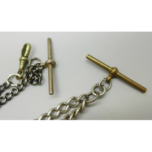 1058 - Two silver Albert chains with base metal dog clips and T-bars, total weight 60g