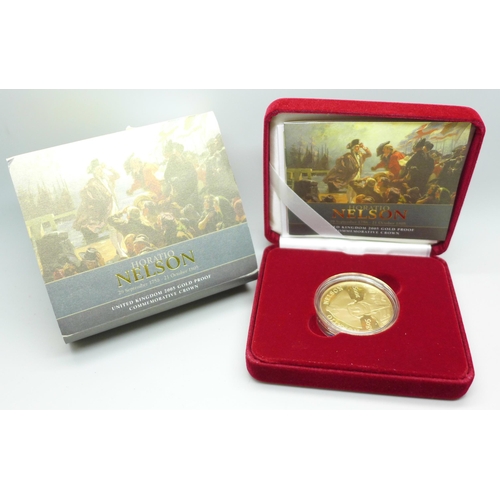 1069 - The Royal Mint Horatio Nelson UK 2005 Gold Proof Commemorative Crown, 39.94g, 22ct gold, cased, 0126