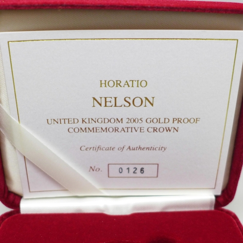 1069 - The Royal Mint Horatio Nelson UK 2005 Gold Proof Commemorative Crown, 39.94g, 22ct gold, cased, 0126