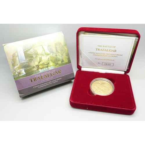 1070 - The Royal Mint Trafalgar UK 2005 Gold Proof Commemorative Crown, 39.94g, 22ct gold, cased 0849