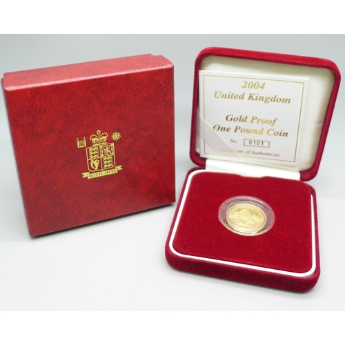 1073 - The Royal Mint 2004 UK Gold Proof One Pound Coin, 19.619g, 916.7 gold, (22ct), cased, 0101