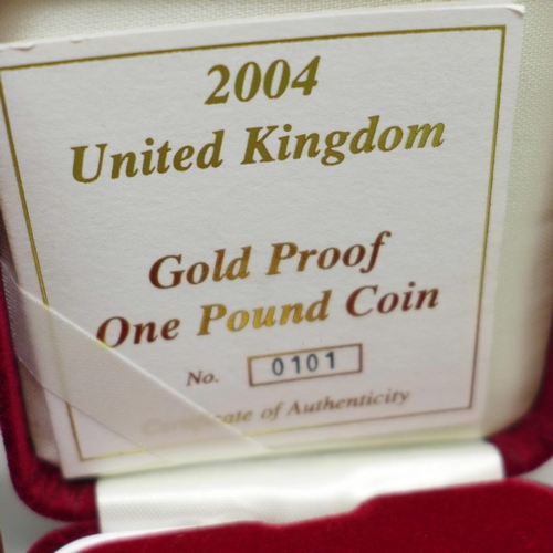 1073 - The Royal Mint 2004 UK Gold Proof One Pound Coin, 19.619g, 916.7 gold, (22ct), cased, 0101