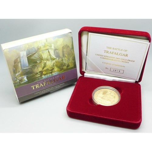 1074 - The Royal Mint Trafalgar UK 2005 Gold Proof Commemorative Crown, 39.94g, 22ct gold, cased 0819