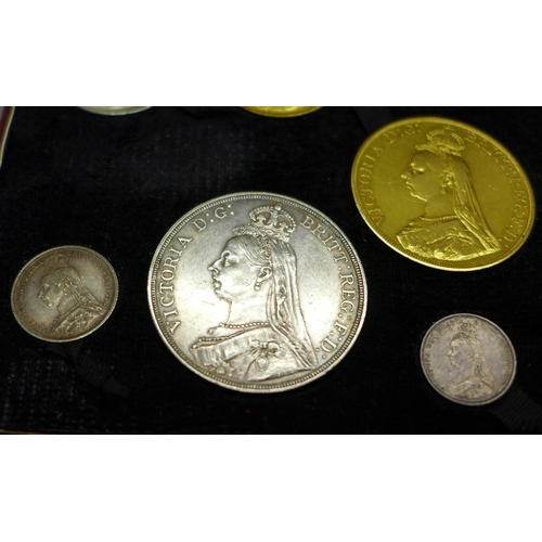 1110 - A Jubilee 1887 Gold & Silver Specimen Set, including £5 coin, £2 coin, sovereign and half-sovereign,... 