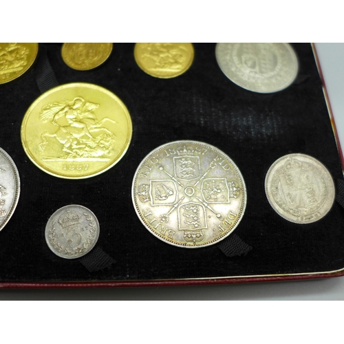 1110 - A Jubilee 1887 Gold & Silver Specimen Set, including £5 coin, £2 coin, sovereign and half-sovereign,... 