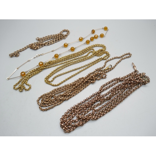 1114 - Three guard chains, a gold tone bead necklace and a watch chain lacking clips